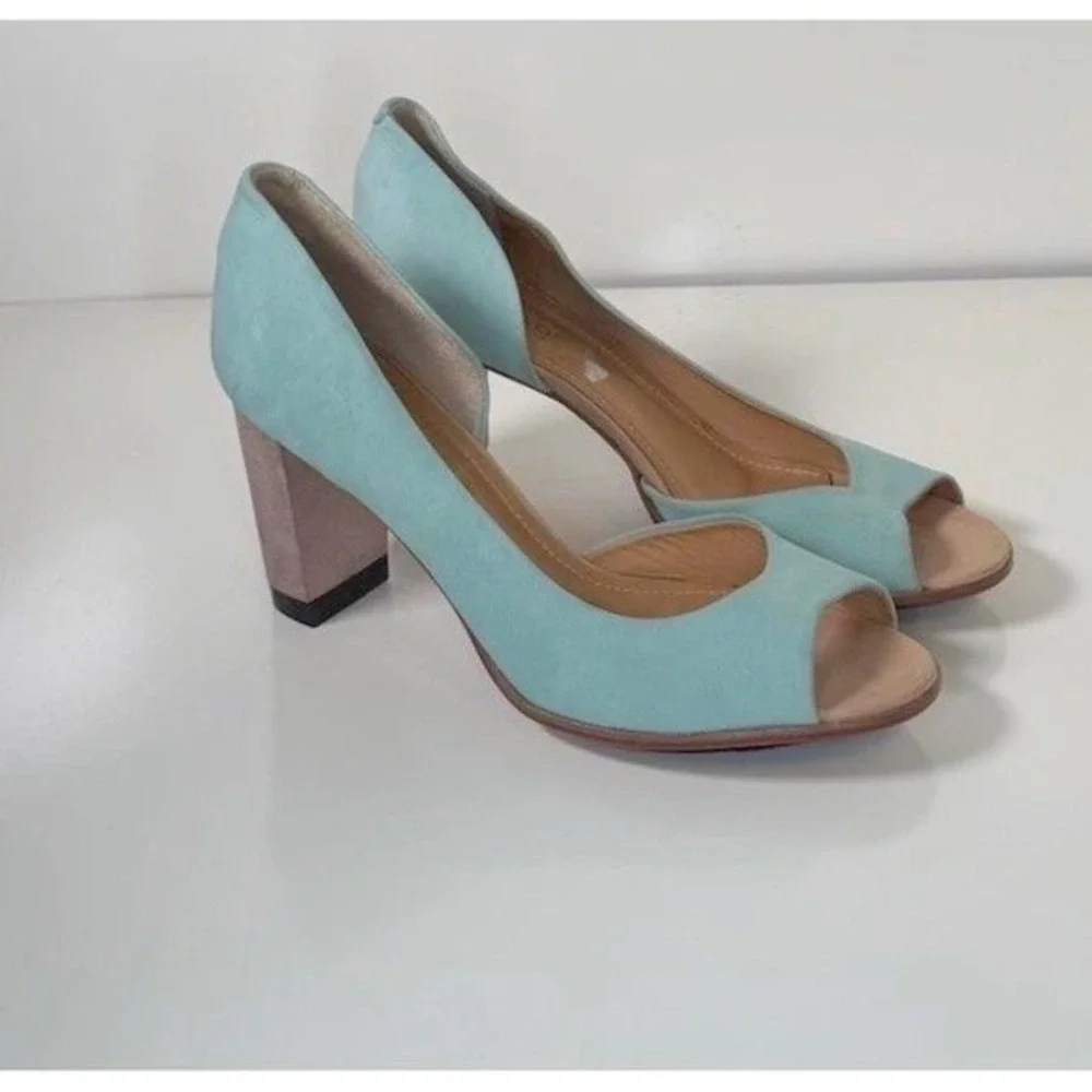 Masiero Aqua Blue Nubuck Leather Peep Toe D'Orsay Block Heels 11‎ Wedding 81-02